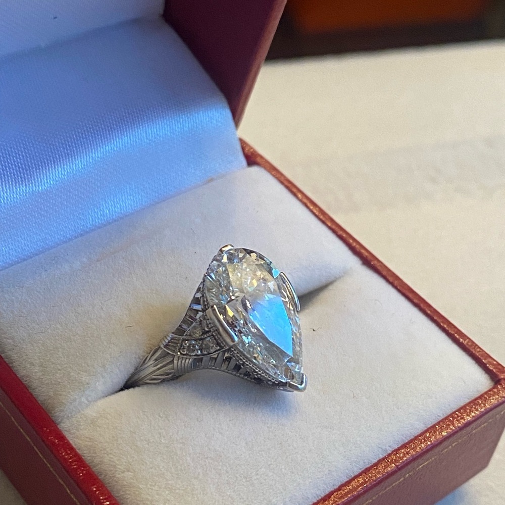 Stunning 4.68 ct pear diamond ring in custom 14k white gold setting